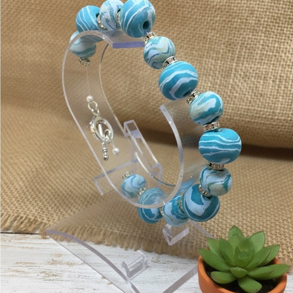 One-of-a-Kind Handmade Sky Blue Marbled Polymer Clay Bracelet - Picture 2 of 16